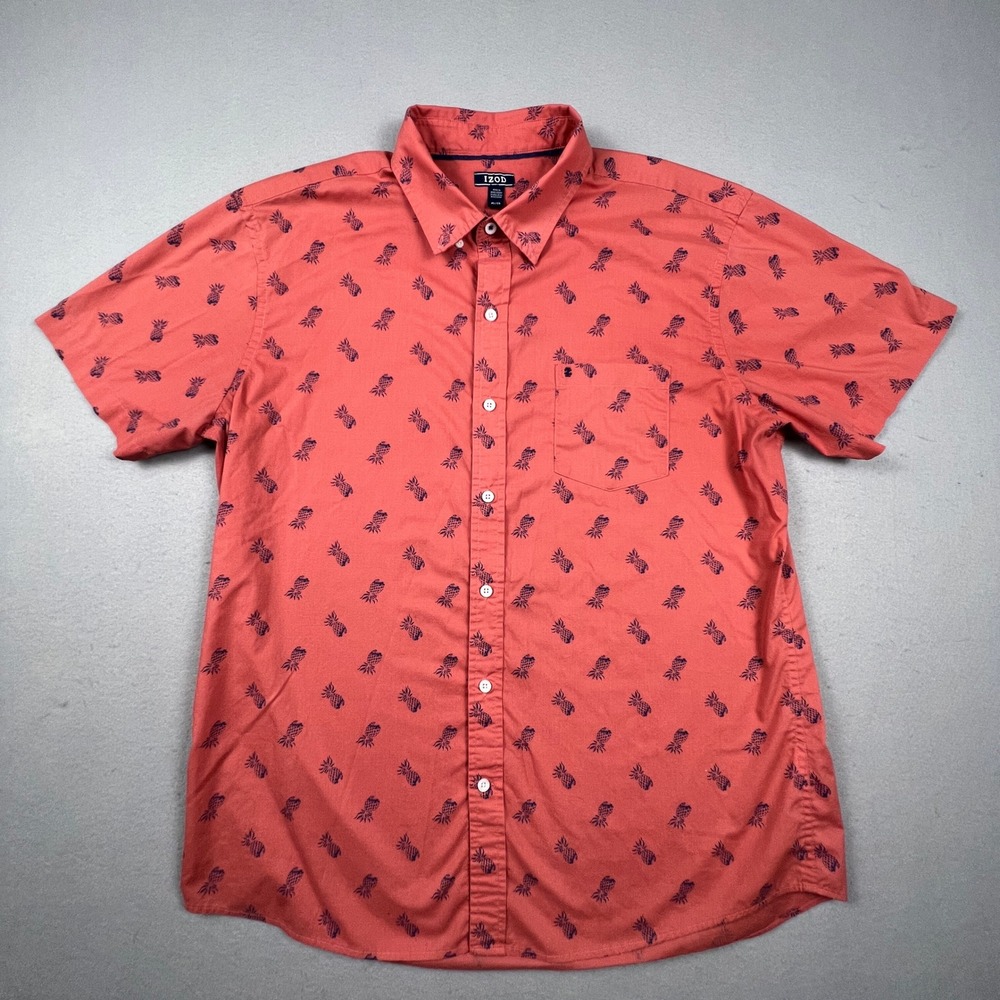 IZOD Button Down Shirt Mens XL Pink Pineapple Print Short Sleeve Casual Tropical